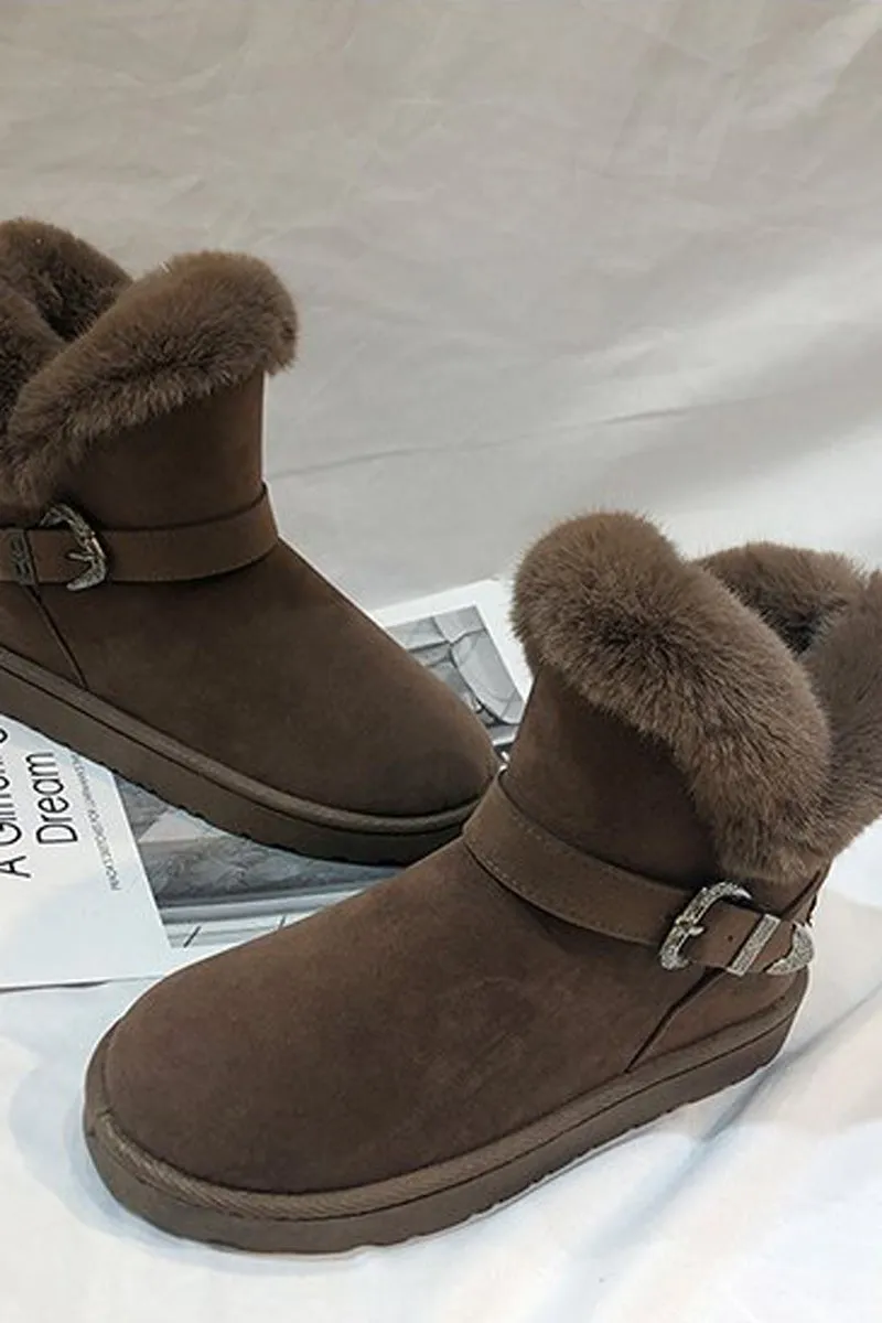 Plush Buckle Decor Letter Patch Flats Booties
